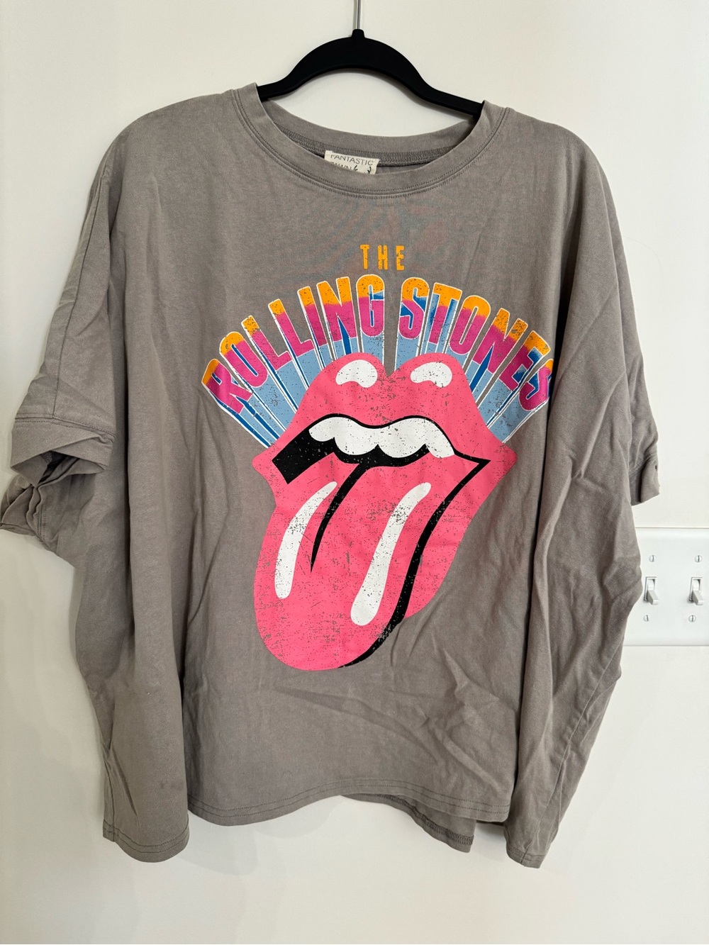 the Rolling Stones Gray Tee with Pink Tongue Graphic